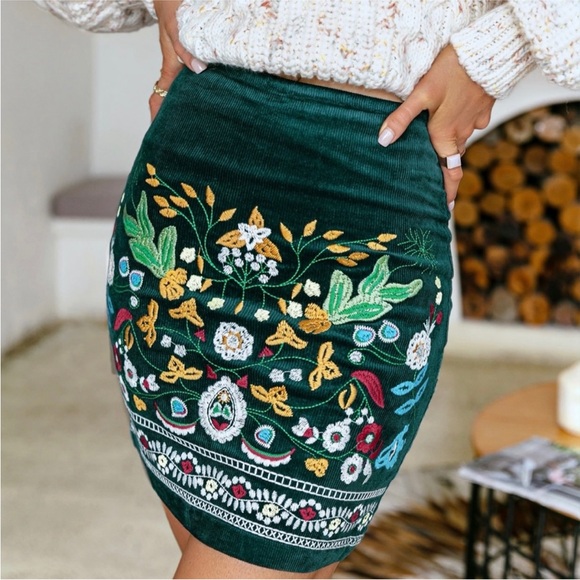 Simple Dresses & Skirts - Simplee Embroidered Floral Green Corduroy Mini Skirt